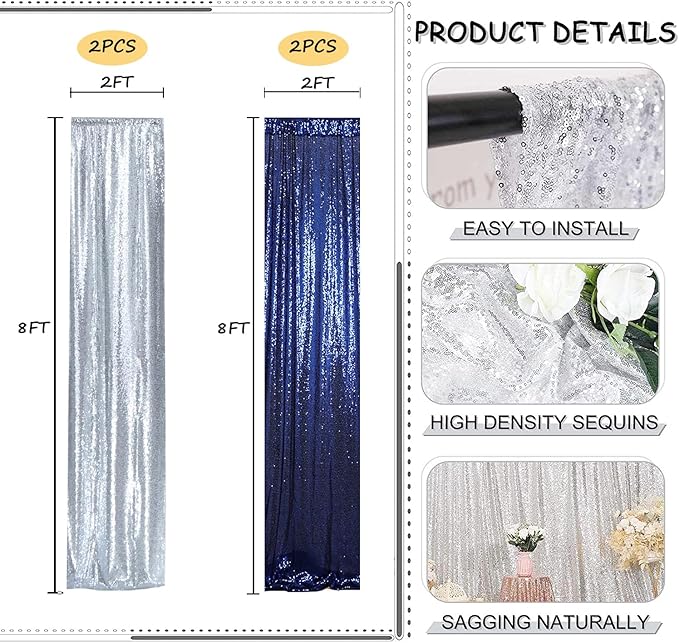Sequin Backdrop Curtain 4 Panels 2FTx8FT Glitter Background Drapes Silver and Navy Blue Sparkle Photography Backdrop for Party Wedding Birthday Wall Decoration