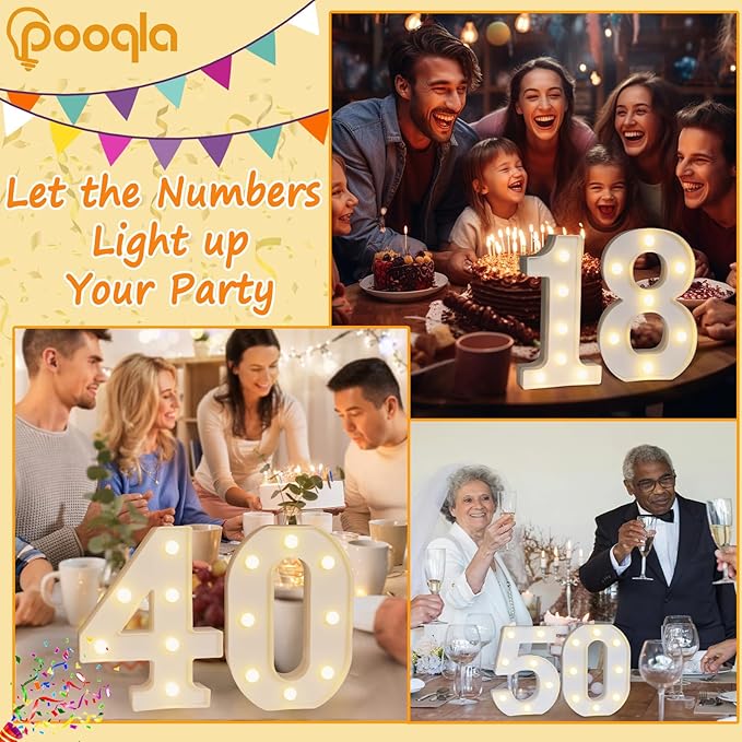 Pooqla Decorative LED Light Up Number Letters, White Plastic Marquee Lights Sign for 12th Birthday Party Wedding Decor, Battery Operated (12)