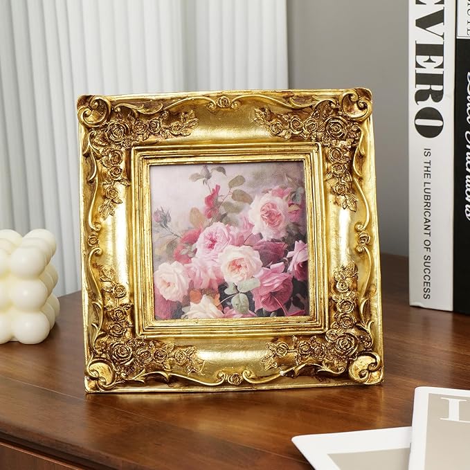 Cuspin Gold Picture Frame 4x4 Frames, Ornate Square Resin Photo Frame with Rose Floral Carvings and Glass Front, Vintage Antique Decorative Picture Frame for Tabletop Display or Home Decor