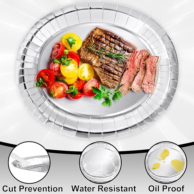 50 Pcs Oval Large Paper Plates, 12.2'' X 10.2'' Silver Foil Paper Plates, Daily Dinner Plates Disposable Paper Plates Bulk Party Supplies for Wedding Silver Anniversaries Graduation Birthday Party