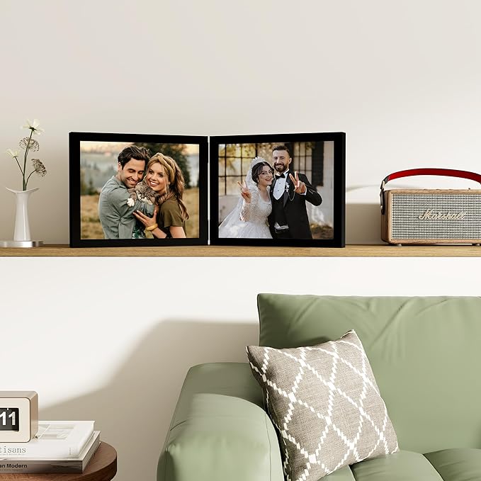 decorUhome Double 10x8 Picture Frame Vertical, Engineered Wood Bifold Photo Frame with Plexiglass for Tabletop Display, 10x8, Black