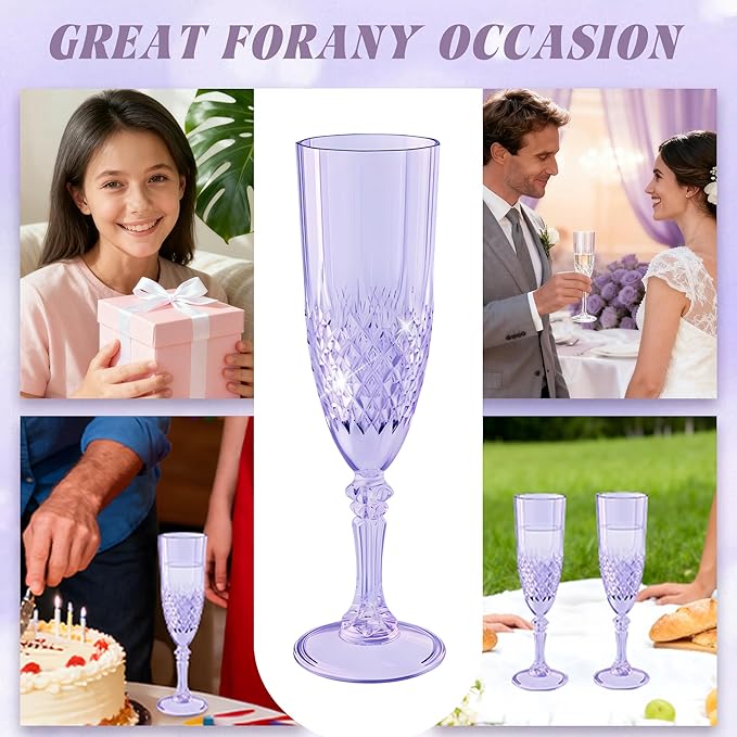 Plastic Champagne Flutes, 12PCS Purple Wine Glasses Goblets Cups Reusable Flute, for Weddings Bachelor Parties Toasting and Events(12,Purple)