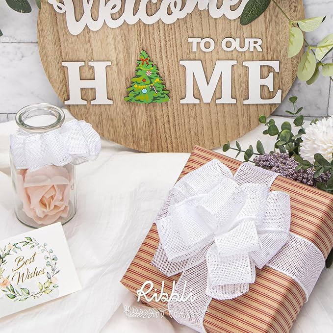 Ribbli White Burlap Wired Ribbon,1-1/2 Inch x 10 Yard,Cross Royal Burlap Wired Edge Ribbon for Big Bow,Wreath,Tree Decoration,Outdoor Decoration