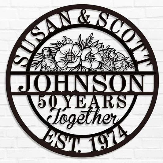 Custom 50th/40th/60th/70th/30th/1-99 Years Wedding Anniversary Sign Gifts for Couples Parents, Custom Metal Monogram Sign Personalized Family Name Signs (Flowers)