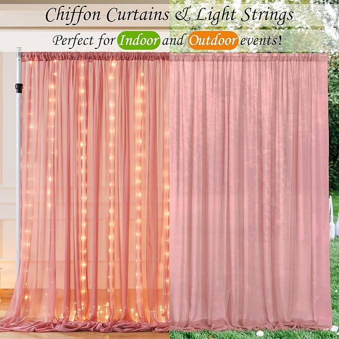 10ft x 10ft Dusty Rose Chiffon Backdrop Curtain with Lights String for Parites Wedding Wrinkle Free Curtain Photo Backdrops Drapes for Baby Shower Birthday Party Home Decorations