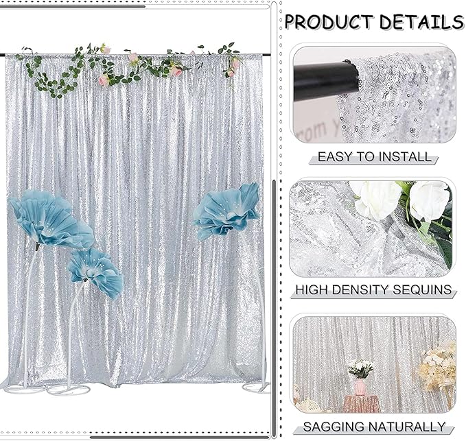 Silver Sequin Backdrop Curtains 4FTx8FT 2 Panels Sparkle Backgound Drapes Glitter Metal Backdrop Curtain for Weddings Showers Photophy Parties Birthday Christmas