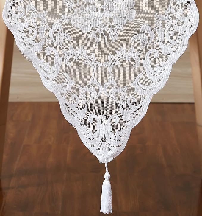 LinenZone White Table Runner with 2 Tassels for Rustic Vintage Decor. Lace Table Runner Works Great As Wedding, Thanksgiving, Christmas Decor(Mia 14 x 48, White)