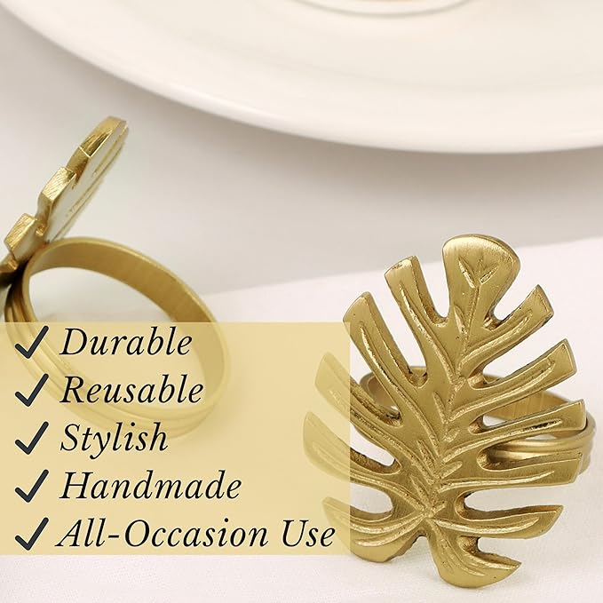 Napkin Rings Set of 12 Metal Napkin Holder Cuffs for Dinner Table Décor Monstera Leaf Farmhouse Modern Serviette Rings for Weddings, Parties, Receptions, Daily Use (Antique Gold) - ALPHA Living HOME