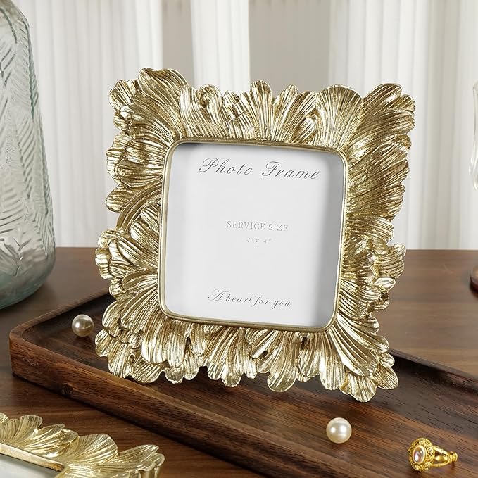 Cuspin Gold Picture Frames 4x4, Vintage Gold Resin Photo Frame Palm Leaves Textured with Glass Front, Elegant Retro Square Frame for Wall and Tabletop Display Home Decor