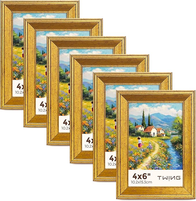 TWING 4x6 Gold Picture Frames Set of 6,Rustic Gold Frames Display Pictures 3x5 with Mat or 4x6 Without Mat,Tabletop Display and Wall Mounting Collage Photo Frame,Set for Wall Gallery