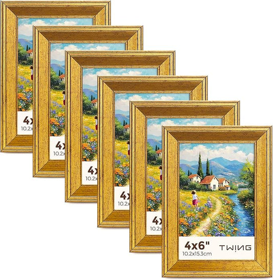 TWING 4x6 Gold Picture Frames Set of 6,Rustic Gold Frames Display Pictures 3x5 with Mat or 4x6 Without Mat,Tabletop Display and Wall Mounting Collage Photo Frame,Set for Wall Gallery