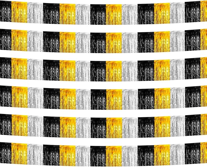 6 Pack 10 Feet Black Gold Silver Foil Fringe Garland Metallic Tinsel Streamers Banner Wall Hanging Backdrop Banner for Parade Floats, Thanksgiving, Christmas, Birthday, Halloween Party Decorations