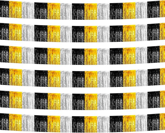 6 Pack 10 Feet Black Gold Silver Foil Fringe Garland Metallic Tinsel Streamers Banner Wall Hanging Backdrop Banner for Parade Floats, Thanksgiving, Christmas, Birthday, Halloween Party Decorations