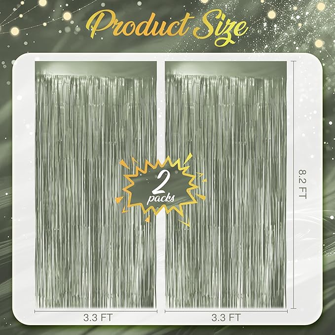 2 Pack Metallic Lime Green Fringe Backdrop, 3.2x8.2ft Shining Foil Tinsel Curtains, Birthday Party Decorations Door Streamers for Halloween, Christmas, Wedding, Graduation, Holiday, Theme Events