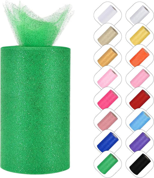 Glitter Tulle Rolls 6" by 50 Yards - Sparkle Fabric Ribbon With Sequins for DIY Tutu Skirt, Wedding, Birthday Party Decoration (Green)