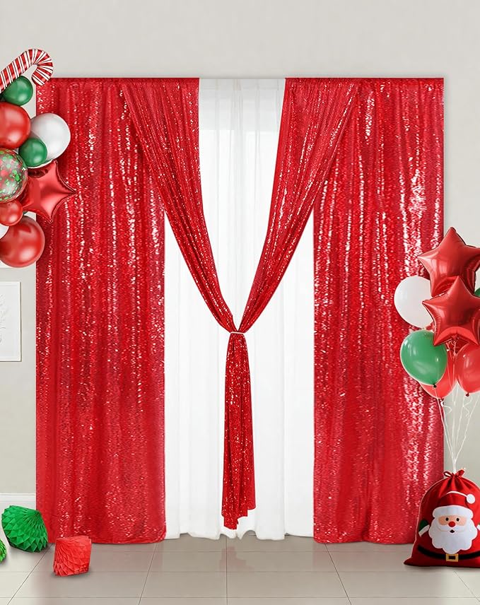 Eternal Beauty Red Sequin Backdrop Curtains, Shimmer Back Drop 4Panels-2FTx8FT for Christmas, Party, Birthday, Photography, Wedding, Baby Shower Event Decoration