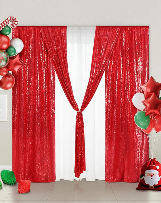 Eternal Beauty Red Sequin Backdrop Curtains, Shimmer Back Drop 4Panels-2FTx8FT for Christmas, Party, Birthday, Photography, Wedding, Baby Shower Event Decoration