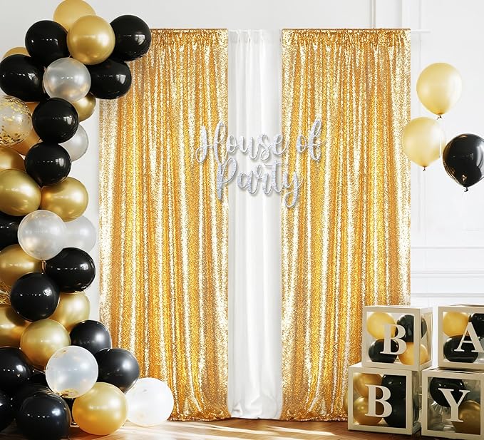 Juya Delight 2PCS 2FTx8FT Gold Sequin Curtains - Glitter Photo Backdrop for Party Birthday Wedding Wall Decoration