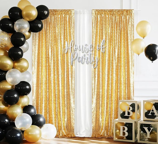 Juya Delight 2PCS 2FTx8FT Gold Sequin Curtains - Glitter Photo Backdrop for Party Birthday Wedding Wall Decoration