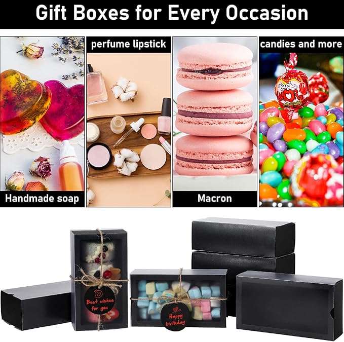 Roowest 50 Sets Kraft Gift Boxes Rectangle Kraft Paper Drawer Box with Window Homemade Soap Box with Blank Tags and Jute String for Jewelry Candy Wrapping Party Favor(Black, 6.3 x 3.5 x 2 Inch)