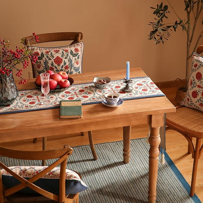 patdrea Designer Vintage Bright Farmhouse Extra Long Linen Table Runner 118 Inch Long, Maroon Floral Pattern Table Mat, Decor for Kitchen Dining Coffee Table Cabinet Banquet Christmas ,16"*118"
