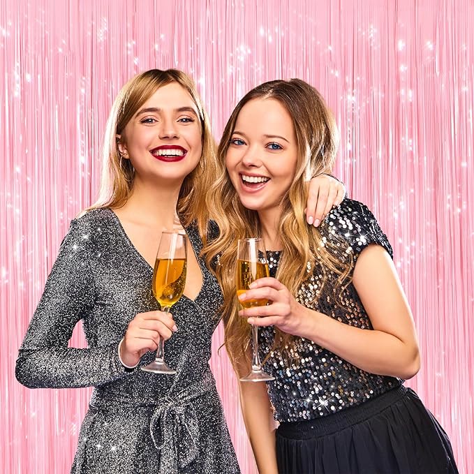 2 Pack Pastel Pink Metallic Tinsel Foil Fringe Curtains, Door Streamers Photo Booth Backdrop for Birthday Party, Tinsel Curtain Backdrop for Baby Shower Bachelorette Christmas Party Decorations