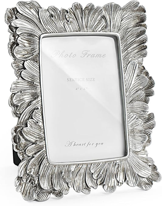 4x6 Silver Picture Frame, Vintage Silver Palm Leaves Textured Hand-Crafted Resin Frames with Glass Front, Elegant Retro Rustic Design Photo Frame for Wall and Tabletop Display Home Decor