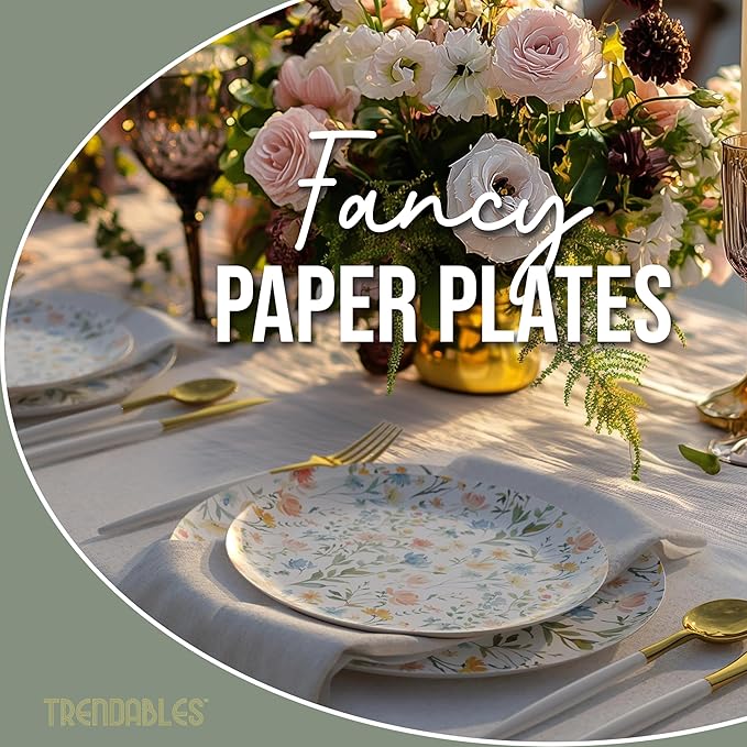 Trendables Heavy Duty Paper Plates Set For 16 Guests - 16 Each Of 8-inch And 10-inch Disposable Plates For Party - Fancy 32 Piece Dinnerware Set For All Occasions | Floral Design, Petite Fleur
