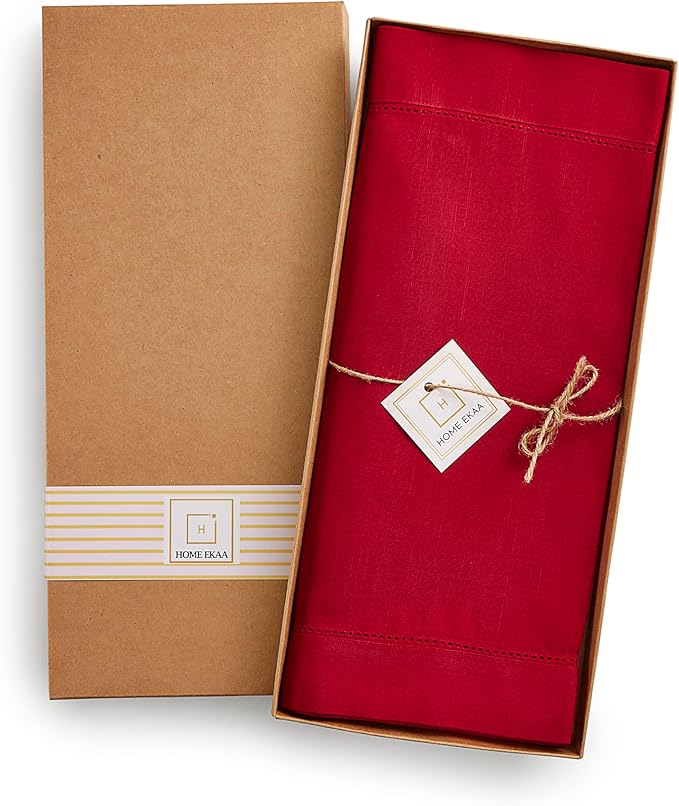 Red Table Runner 90 Inch – Cotton Linen Hemstitch Farmhouse Table Runner 14x90 –Washable Fabric for Dining, Fall, Halloween, Thanksgiving, Spring, Summer, Wedding, Everyday Décor – Serena