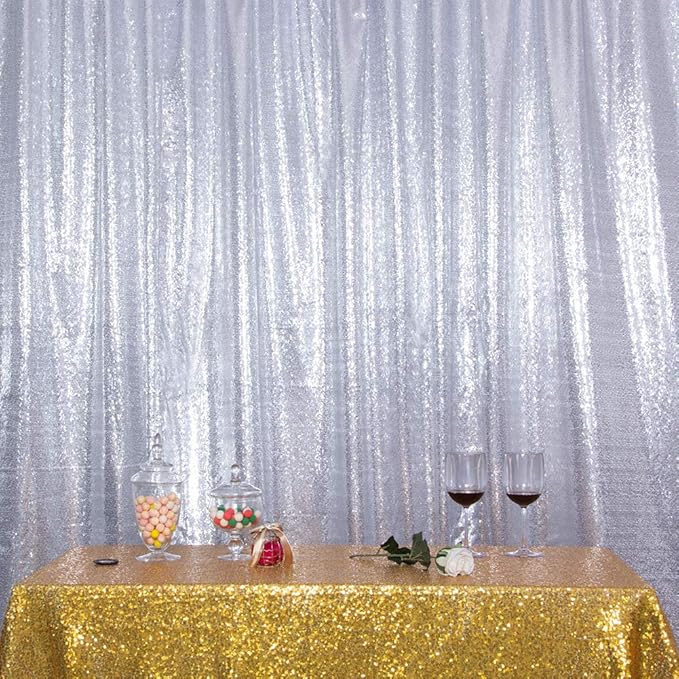 SquarePie Sequin Backdrop Curtain Not See Through Thick Background for Party 4FT x 8FT Silver