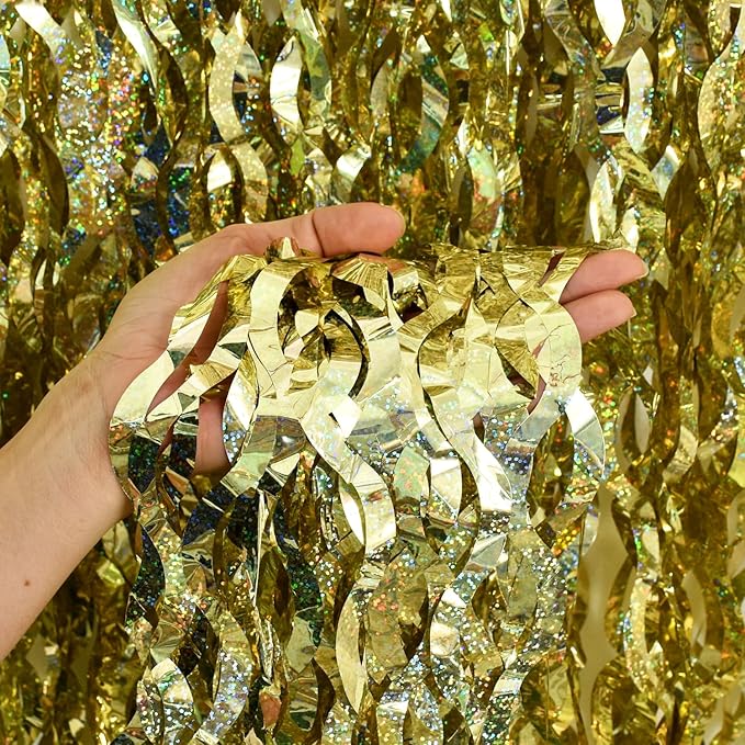 TONIFUL 3Pcs Wavy Metallic Tinsel Foil Fringe Curtains Champagne Gold Streamer Backdrop for Photo Booth Props,Party Door Wall Curtains Bachelorette Wedding Birthday New Year Decor (9.9ft x 6.6ft)
