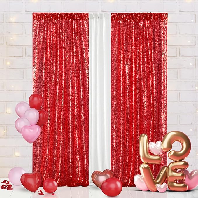 Eternal Beauty Red Sequin Backdrop Curtains, Valentine's Day Shimmer Back Drop 2Panels-2FTx8FT for Christmas, Party, Birthday, Photography, Wedding, Baby Shower Event Decoration