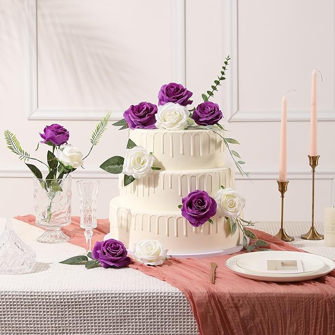 Tifuly Purple Roses Artificial Flowers - 12 pcs Realistic Single Long Stem Fake Silk Roses Bouquet for Party Home Wedding Centerpiece Office DIY Decor
