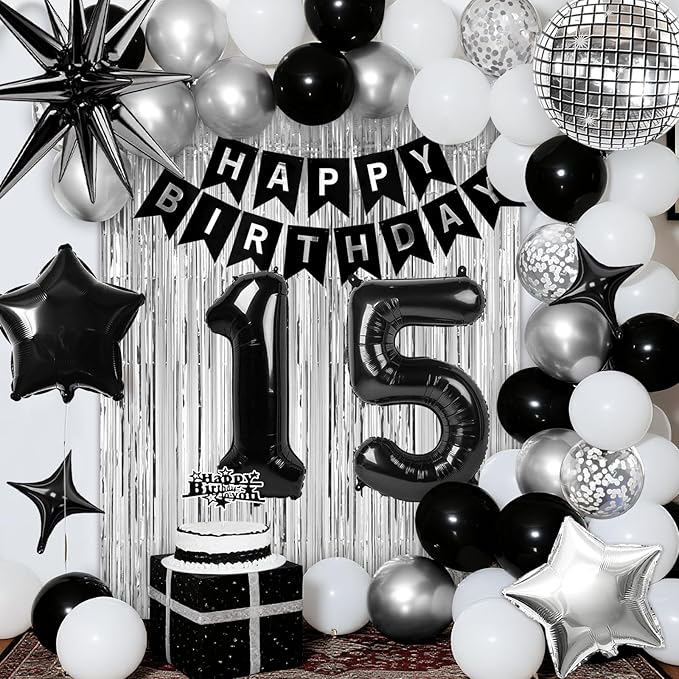 15th Birthday Decorations for Boys Girls, Black Silver Happy Birthday Party Decorations， 15 Year Old Party Supplies with Number 15 Balloons, Banner, Fringe Curtains Kit