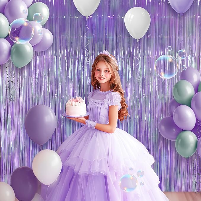 2 Pack Purple Iridescent Streamers Backdrop, 3.3x6.6ft Foil Fringe Curtains Lavender Holographic Door Tinsel Streamers for Birthday, Wedding, Holiday, Bachelorette, Theme Party Decorations
