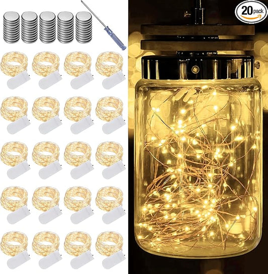 LAMPHOME 20 Pack Fairy Lights Battery Operated String Lights, 20 LED on 6.6FT Silvery Copper Wire, Firefly Fairy String Lights for Wedding Party Mason Jar Christmas Decoration(Warm White)