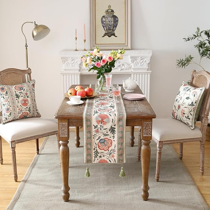 ISAENNE Designer Vintage Linen Table Runner 87 Inches Long,Elegant Floral Pattern Wrinkle Resistant Table Runners for Dining Tables,Thanksgiving,Kitchen Tables,Christmas,12"*87"-Daffy B