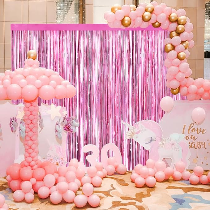Pink Metallic Tinsel Foil Fringe Curtains, 2 Pack 3.3x8.3 Feet Party Streamer for Birthday Party Decorations, Halloween Decor, Foil Curtain Backdrop for Bachelorette Party