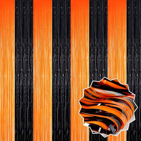 6 Pack Black Orange Foil Fringe Curtains Backdrop, 3.28 x 8.2 Ft Metallic Streamers Tinsel Curtains Background for Photo Booth, Birthday, Weddings, Carnivals, Graduation, Themed Party Decorations