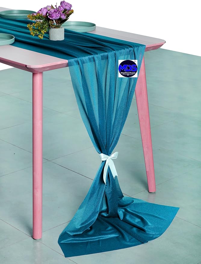 MDS 2 Pack 14ft Chiffon Table Runner 29 x 170 Inches Sheer Wedding Runner Romantic Rustic Table Runner for Wedding Decorations, Birthday Parties, Bridal Shower Party Arch Decor - Dark Teal