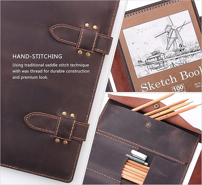 Robrasim Handmade Leather Sketchbook Cover, Artist Sketch Pad Holder for 9"X12" Top Spiral Bound Sketchbook, Drawing Book Pencil Case, Journal Portfolio with Shoulder Strap, Artist Gifts,Coffee