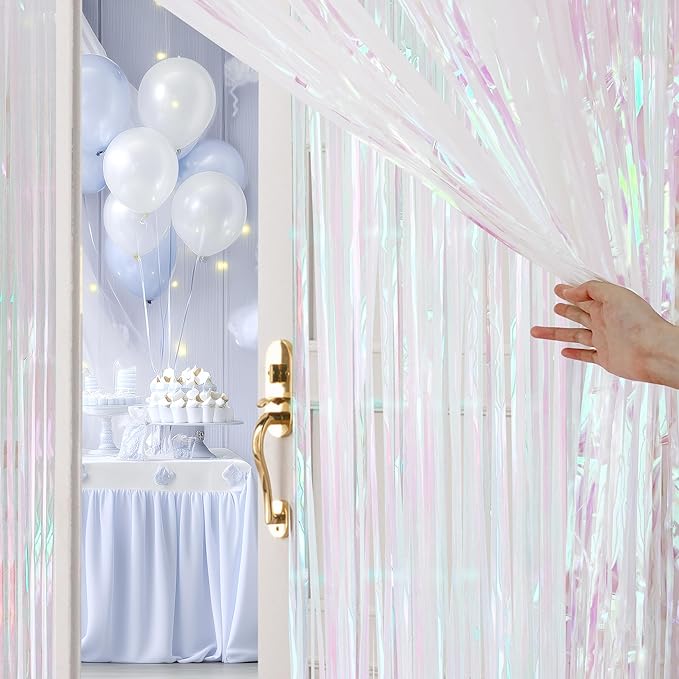 8 Pack White Party Streamers Backdrop Curtains, 3.3x8.2ft Holographic Tinsel Foil Curtain Photo Booth Props for Birthday, Wedding, Holiday Celebration, Bachelorette, Theme Decorations