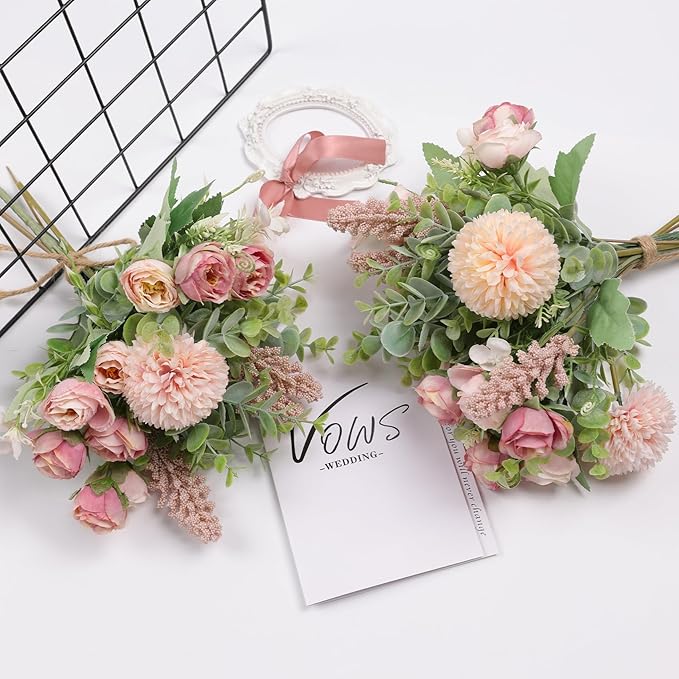 Meldel 3Pcs Rose Bouquet Pink Artificial Flowers Eucalyptus Plants Fake Silk Flower Arrangements Wedding Bouquets Decorations Plastic Floral Table Centerpieces for Home Kitchen Garden Party Decor