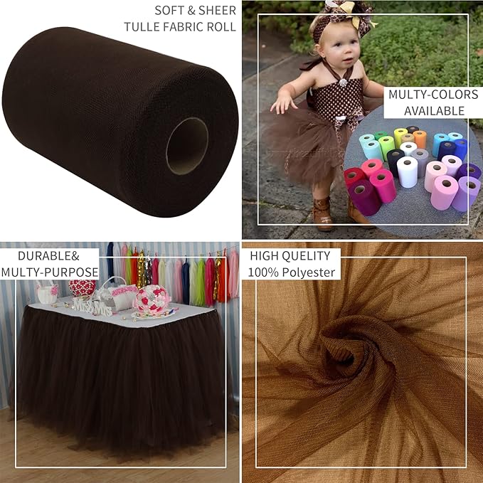 Brown Tulle Fabric Rolls 6 Inch by 100 Yards (300 feet) Fabric Spool Tulle Ribbon for DIY Brown Tutu Bow Baby Shower Birthday Party Wedding Halloween Decorations Christmas Craft Supplies