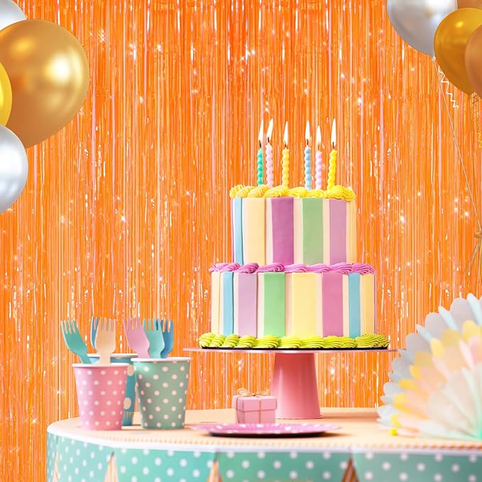 2 Pack Orange Metallic Tinsel Foil Fringe Curtains, Door Streamers Photo Booth Backdrop for Birthday Party, Tinsel Curtain Backdrop for Baby Shower Bachelorette Christmas Party Decorations