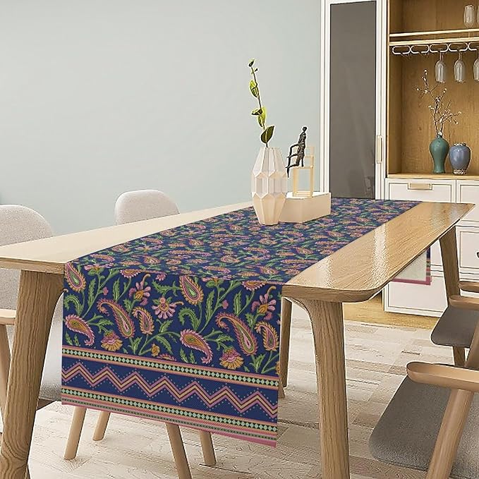 Colorful Paisley Floral Table Runner, Vintage Pink Purple Flowers Green Plants Leaves Print Table Runner for Kitchen Dining Table Indoor Outdoor Home Party, 13x70inch