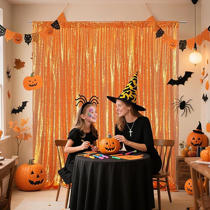 Poise3EHome Orange Sequin Backdrop, 10Ft x 10Ft Glitter Photography Background Curtains for Halloween Party Wedding Birthday Christmas Thanksgiving Decoration