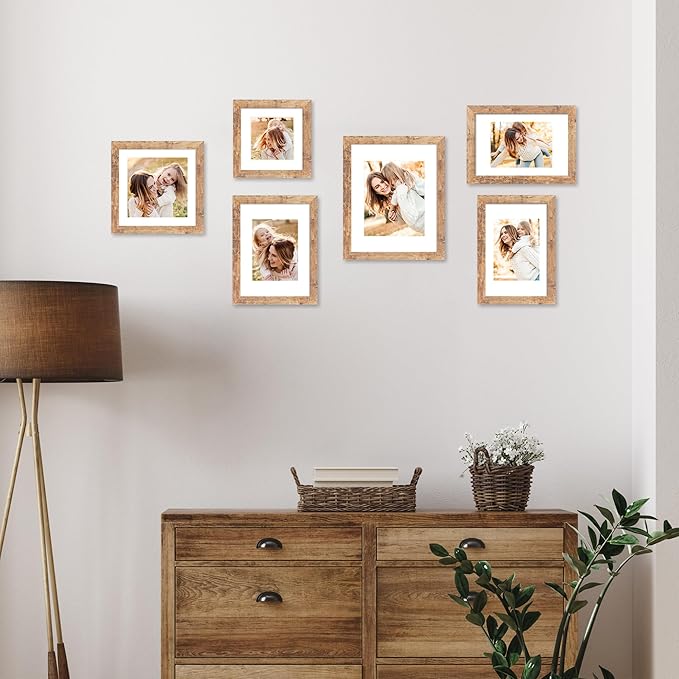 8x12 Picture Frame Set of 4 with High Definition Real Glass, Display 6x8 Pictures with Mat or 8 x 12 Without Mat, Rustic Brown Wood Photo Frames for Tabletop and Wall Mounting