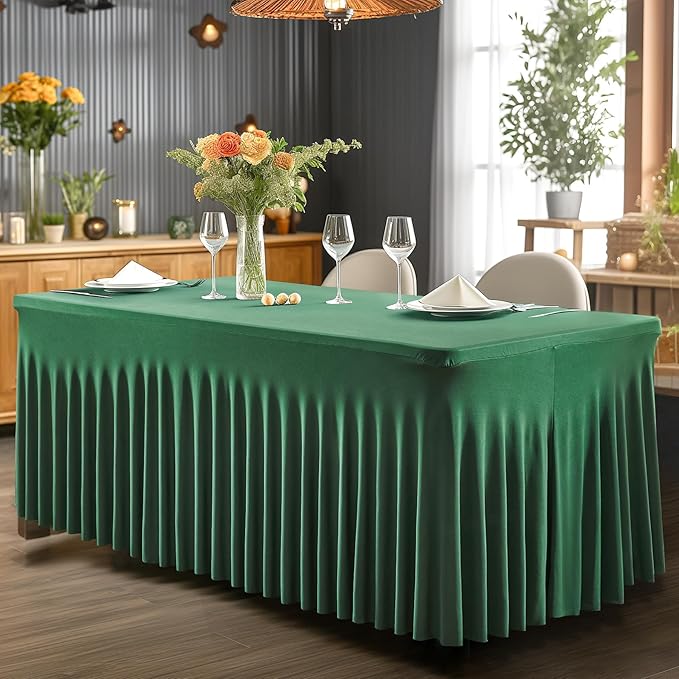 Wish Care 2 Pack Hunter Green Stretch Spandex Table Clothes for 8 Foot Rectangle Tables, 8FT Wrinkle Free Fitted Tablecloths Ruffles Design Table Cover for Party, Banquet, Wedding and Events