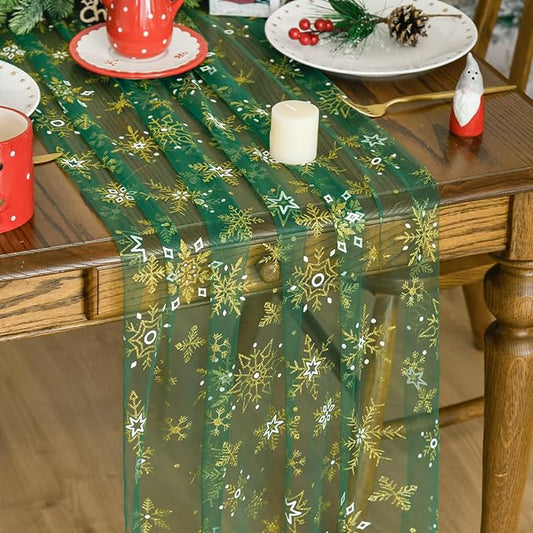 Artoid Mode Green Gold Snowflakes Christmas Gauze Table Runner 120 Inch 10FT, Winter Seasonal Sheer Dining Holiday Wedding Table Decor for Home Party